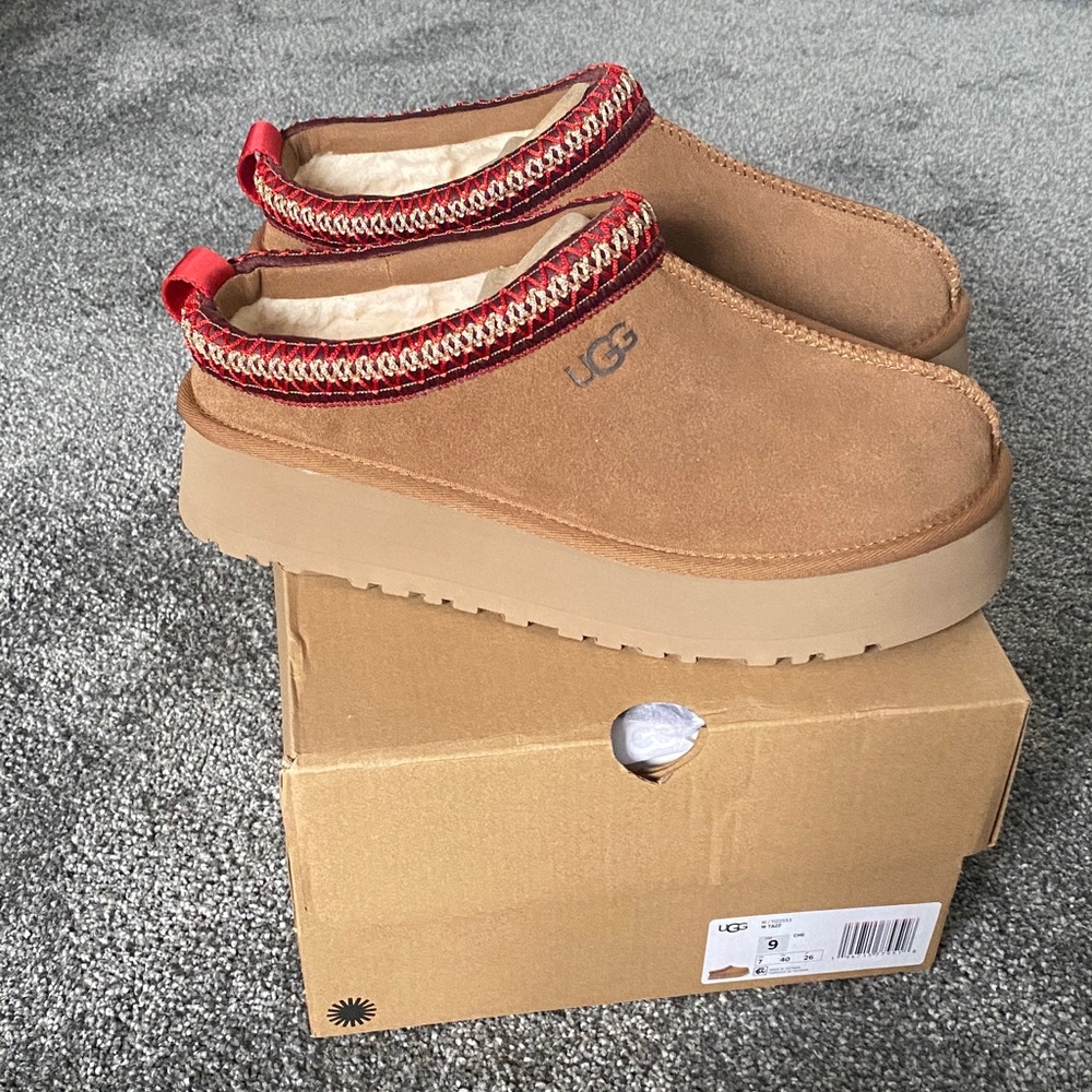 UGG Chestnut Suede Platform Mule Clogs with Red Trim